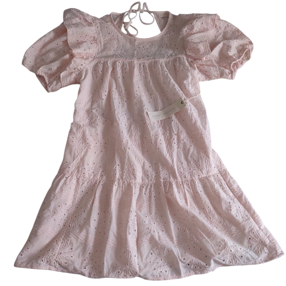Happy Nature Womens Dress Eyelet Ruffle Tiered Size Large Pink Short Sleeve